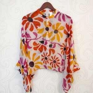 Nicole Miller New York Floral Button Down Blouse Draped Kimono Sleeve Size M